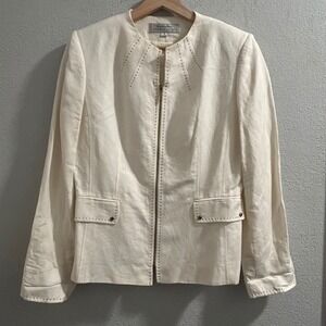 Tahari Arthur S Levine Womens Linen Blend Blazer Jacket Cream Size 6 Zip Front